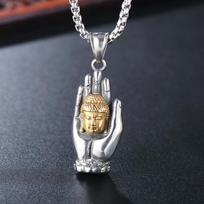 Stainless Steel Titanium Buddha Palm Buddhism Vintage Boho Punk Hip Hop Pendant Collar Chains Necklace for Men Women Gift 60cm