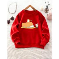 Girls' Round Neck Sweatshirt with Corgi and Bubble Tea Print, Essential for Back-to-School Season, Suitable for Parties 110 raudona
