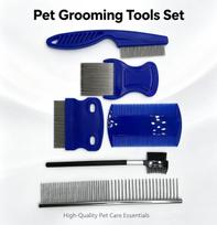 Pet Accessories Stainless Steel Pet Hair Remover Flea Comb Pet Cleaning Grooming Products 6pcs Tool Kit Dematting Comb mėlyna