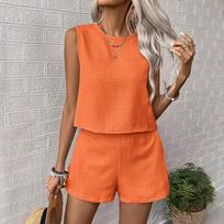 Casual Sleeveless Blouse and Shorts Two Piece Set for Women Solid Color Simple Fashion Daily Outfit Casual Two Piece Outfits for Ladies Daily Wear XS oranžinė