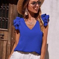 Spring and Summer Women's Casual V-neck Ruffled Vest Sleeveless Shirt S mėlyna