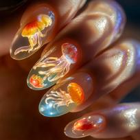 24PCS Almond Shapeds Press On Nail Frosted Blue Jellyfish Design Reusable Fake Nail Ergonomic Fit For Day Wear 1