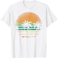 Saulėlydžio paplūdimys Palmių medžiai Vasaros nuotaika Retro tropinė vasara T-shirt vyrams moterims vaikams S balta