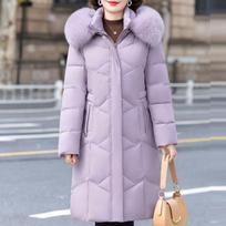 Vintage Elegant Women Down Puffer Jacket Real Fur Collar Thick Warm Winter Plus Size Long Coat Outerwear Middle Age XL šviesiai violetinė spalva