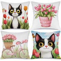 4pcs Tulip Cat Bicycles digital printing pillow cover Short plush Suitable living rooms bedrooms sofas throw cushion cover 35x35cm