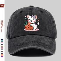 Cute Kitten Strawberry Graphic Washed Baseball Cap Denim Casual Adjustable Outdoor Dad Hat One Size
