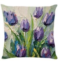 Oriental Tulip Oil Painting Theme Double-sided Printed pillow cover Short plush Suitable living rooms sofas throw cushion cover 35x35cm