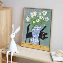 Diamond painting kit. full diamond round mosaic black cat daisy flower vase handmade. home decoration gift Round 20x30cm