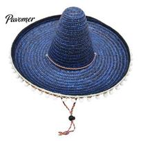 Adult Vacation Hat Mexican Sombrero with Colorful Poms, Hawaiian Style Woven Straw Sun Hat, Wide Brim Lightweight Unisex Party Costume for Summer karališkos mėlynos spalvos