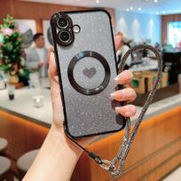 Blizgus gradiento spalvos minkštas magnetinis dėklas iPhone 16 Pro Max 15 14 Pro 13 12 11, skirtas Magsafe, atsparus smūgiams, su objektyvo apsauga, skaidrus, su virvele, telefono dangtelis iPhone 16 juoda
