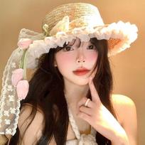 Women's Sun Protection Hats Tulip Bow Sweet Kawaii Fashionable Countryside Style Grass Hats Beach Ribbon Woven Grass Sun Hats One Size rožinė