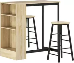 Koduva 3 dalių baro stalo komplektas, 1 stalas, 2 taburetės, su daiktadėže ir atramomis kojoms, taupantis vietą, ąžuolo spalvos+juodas