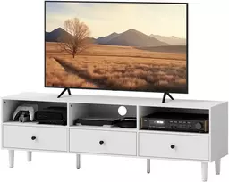 TV staliukas Koduva TV spintelė, TV stovas 75 colių ekranams, 3 atviros lentynos, 3 stalčiai, balta