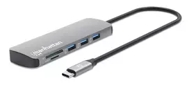 Manhattan USB-C Dock/Hub su kortelių skaitytuvu, 7 prievadai: Ethernet, HDMI, USB-A (x3) ir USB-C (x2), su Power Delivery (PD) 100W – reikalingas išorinis USB-C įkroviklis (neįtrauktas). Maitinamas per USB (nereikia išorinio maitinimo šaltinio), kai PD ne