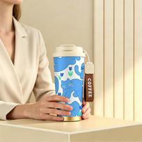Coffee Mug 532ml Blue Cat Tulip Motif Strap Coffee Cup Leakproof Flip Car Cup 304Steel Hot Cold Cup Stainless Steel Coffee Thermos Coffee Mug 532ml mėlyna/žalia