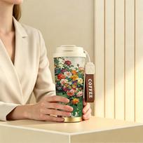 532ml Coffee Mug Green Wall Tile Flower Butterfly Motif 304Steel Hot Cold Cup Commuter Coffee Cup Outdoor Travel Thermos Strap Coffee Cup 532ml Coffee Mug
