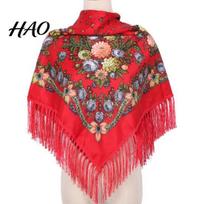Women Neck Wrap Ethic Style Floral Print Shawl Fringed Elegant Soft Warm Fall Winter Middle-Aged Elderly Square Blanket Scarf raudona