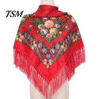 Women Square Shawl Ethic Style Floral Print Fringed Elegant Soft Warm Fall Elderly Winter Middle-Aged Blanket Scarf Neck Wrap Ladies raudona