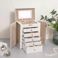 SONGMICS papuošalų dėžutė, 6 aukštų, su šoninėmis durelėmis, stalčiais, veidrodžiu ir užraktu, balta JBC152W01