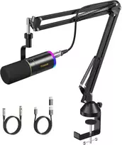 TONOR dinaminis XLR/USB mikrofonas su aukšto profilio stovu, RGB apšvietimu ir triukšmo slopinimu TD520S+