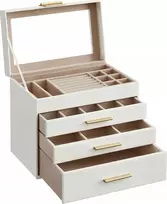 SONGMICS papuošalų dėžutė su 4 lygiais, stiklinis dangtis, 3 stalčiai, matinė balta JBC161W01
