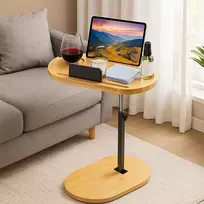 Bcuuozeeing reguliuojamas šoninis staliukas, bambukinis ir metalinis, 42–82 cm, C formos, 360°