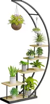 Ribelli metalinis 5 pakopų augalų stovas pusmėnulio formos, 172 cm, su MDF lentynomis ir kabliukais