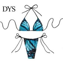Halter Top Bikini Women Butterfly Print Set, Tie & Side Thong, Two Piece Beach Outfit Triangle Swimsuit, Sexy Bathing Suit for Summer Swimsuit S mėlyna