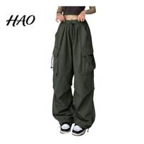 Women Cargo Pants Hip Hop Baggy Solid Color Multi Pockets Lady Trousers Elastic Waist Match Top Loose Breathable Clothes XL