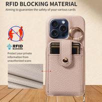 Anti-theft RFID zipper card holder phone case compatible with Apple 15 Pro Max, crossbody protective cover, fingerprint-resistant iPhone 17 chaki