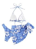 Trijų dalių moteriškas bikini maudymosi kostiumėlis su skara Gorglitter XS, mėlynas — trijų dalių maudymosi kostiumėlis, bikinis su pareo, moteriškas paplūdimio komplektas, madingas rišamas bikinis, maudymosi kostiumėlis baseinui, XS
