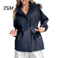 Urban Style Jacket Windbreaker for Women Lightweight Snap Buttons Zip Up Hoodie Casual Women's Outerwear Waist Drawstring Windproof Outwear S tamsiai mėlyna spalva