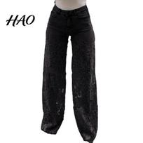 Women Versatile Jeans Women's Lace Patchwork Casual Baggy Straight Wide Leg Personalized Denim Pants Mid Waist Floral Hollow Out for XL juoda