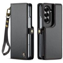 Suitable for Samsung Z Fold7 mobile phone leather case, flip cover, foldable screen ZFOLD6 card slot protective case, anti-drop Z Fold7-Hand strap versio juoda