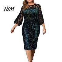 Midi Dress Women Prom See-through Lace Patchwork Three-quarter Sleeve O-neck Plus Size Summer Dress-up Slim Fit Vintage Printing Clothes Lady 3XL