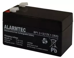 Sandariai uždaryta VRLA AGM baterija Alarmtec EMU Electronic BP 1.2-12 — 12 V, 1,2 Ah, 43×59 mm, 570 g
