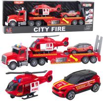 Lean Toys Gaisrininko žaidimų rinkinys: sunkvežimis, sraigtasparnis, automobilis su šviesomis ir garsais