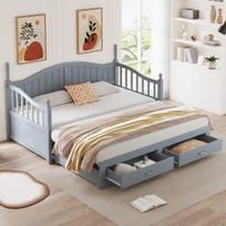 Ištraukiama medinė sofa 90/180x190cm, romėniški stulpai, su stalčiais, švelnus dizainas, pilka