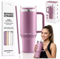 Berdsen rožinis vakuuminis termosas-puodelis su šiaudelių rinkiniu 1180 ml