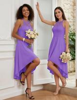 Elegantiška kokteilinė vakarinė nėriniuota „high-low“ suknelė violetinė L — vestuvinė suknelė, proginė suknelė, nėriniuota suknelė, moteriški drabužiai, suknelė halter, vakarinė apranga, asimetriška suknelė, L