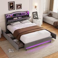 Minkšta lova 160 x 200 cm su LED ir USB, lova su daiktadėže, 4 stalčiais ir galvūgaliu su paslėptu skyriumi, aksominė, pilka