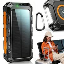 Saulės energijos išorinė baterija 20000mAh, 7 išėjimai, 2 įėjimai, su žibintuvėliu, juoda