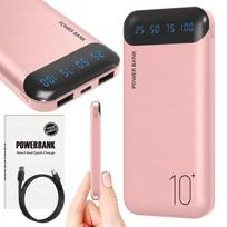 Išorinė baterija 10000mAh, rožinė, 2x USB, USB-C, Micro USB