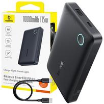 Išorinė baterija BASEUS 10000mAh, 15W, USB-C, USB-A, su laidu ir LED indikatoriumi, tinkama lėktuvams