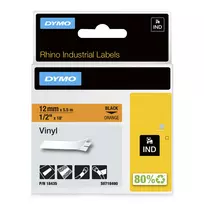 DYMO Rhino pramoninės vinilinės etiketės | 12 mm x 5,5 m | juodas spaudinys ant oranžinio | lipnios | skirtos Rhino ir LabelManager etikečių spausdintuvams