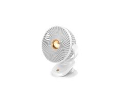 Įkraunamas stalinis ventiliatorius su spaustuku, 5 W/5 V, 1200 mAh, baltas