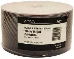 Adiva DVD-R | 4,7GB | x16 | 50 vnt. plokštelė | 120 min. | viso paviršiaus spausdinimas rašaliniu spausdintuvu