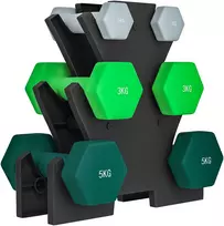Sofa Koduva Hantelių rinkinys su laikymo stovu, 6 vnt., 2 x 1kg, 2 x 3kg, 2 x 5kg, pilka / žalia / turkio