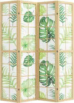 Koduva 4 dalių kambario pertvara, sulankstoma, boho stiliaus, tropinis motyvas, pastatomas kambario skirstytuvas, medinis rėmas, žalia