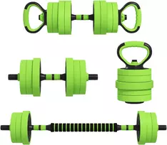 Virdulys Koduva 4 viename hantelių rinkinys 20 kg, reguliuojami trumpi ir ilgi hanteliai, kettlebell, atsispaudimo rankenos, žalia